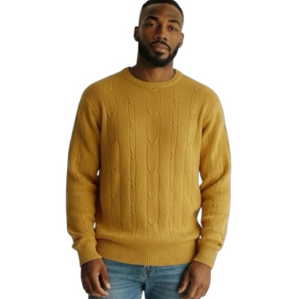 Vintage Nautica Cable Knit Sweater Men's Large Yellow 100% Cotton Crewneck Y2K